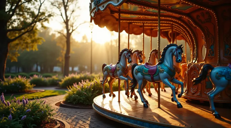 Carousel with painted horses in a park, in the light of sunset