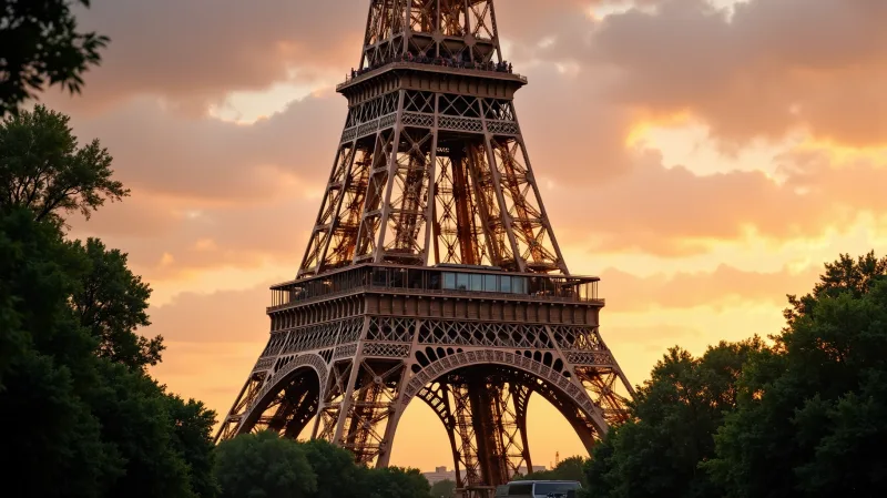 The Eiffel Tower at sunset, framed by trees